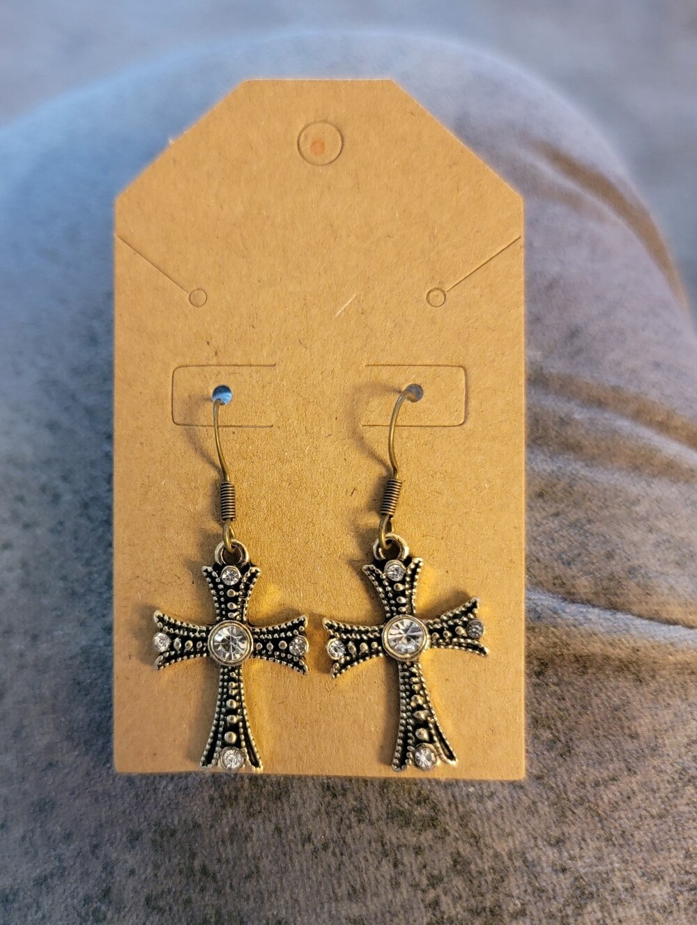 Handcrafted Cross Drop Earrings with Clear Stones